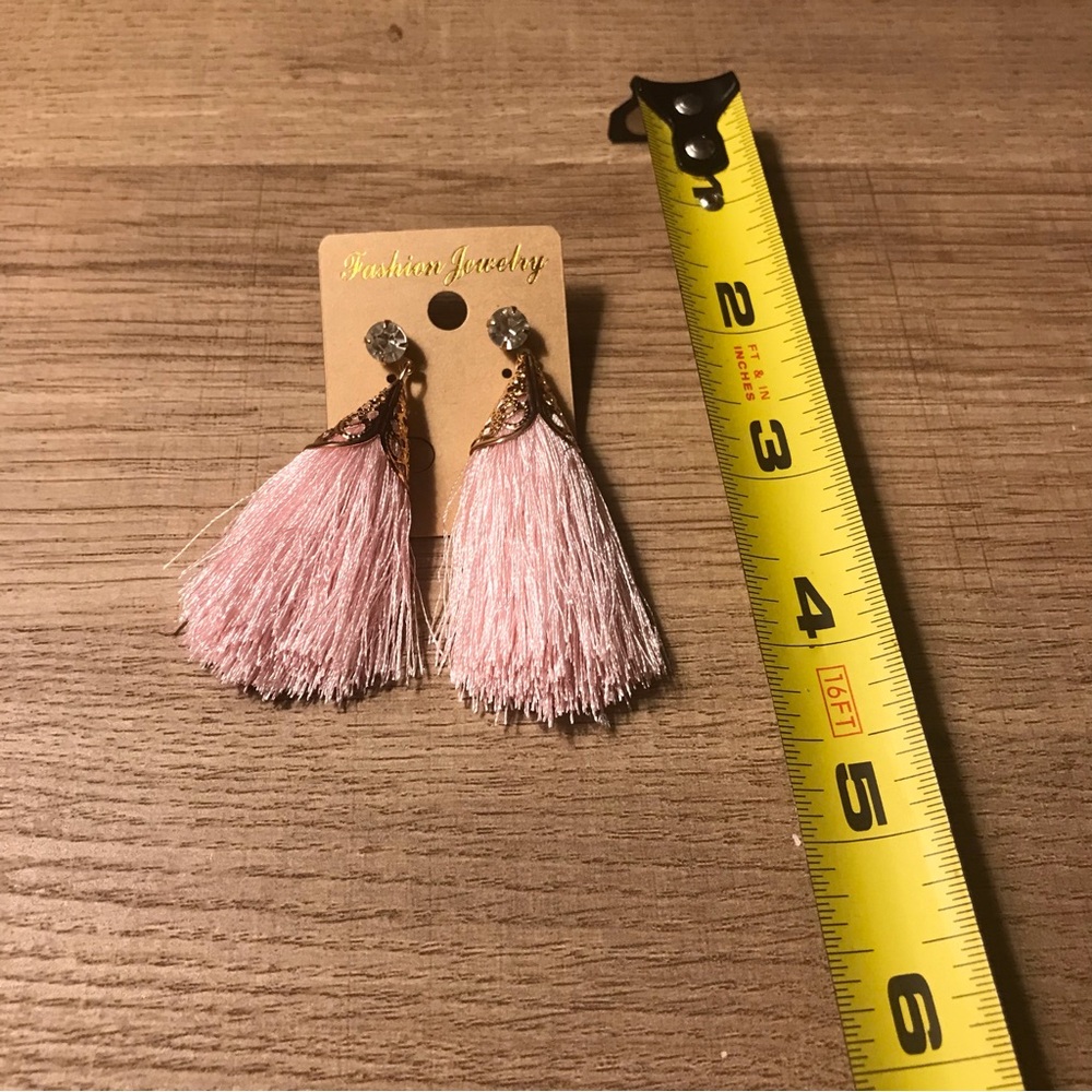 Pink Gold Boho Rhinestone Cone Shaped Metallic Tassel Statement  Earrings - Picture 3 of 4